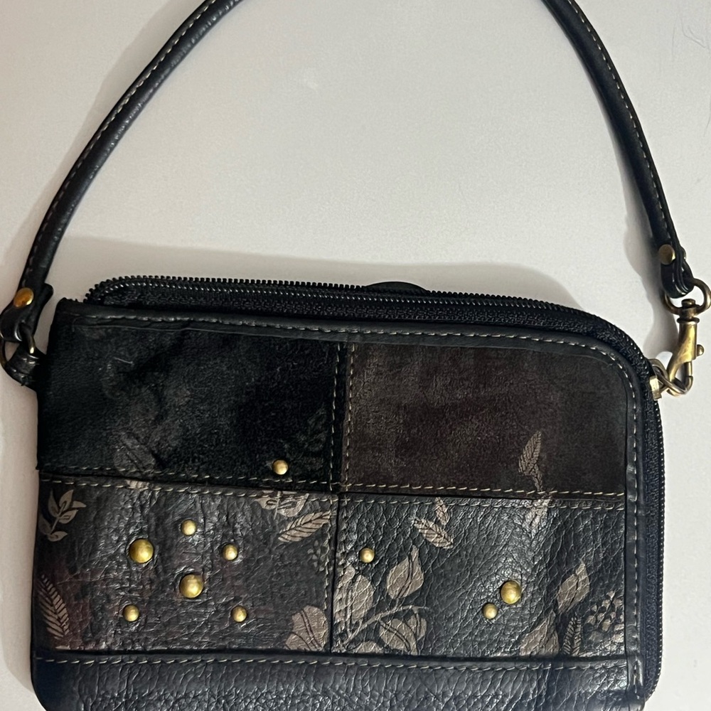 Fossil Black Floral Patchwork Wristlet with Gold Studs